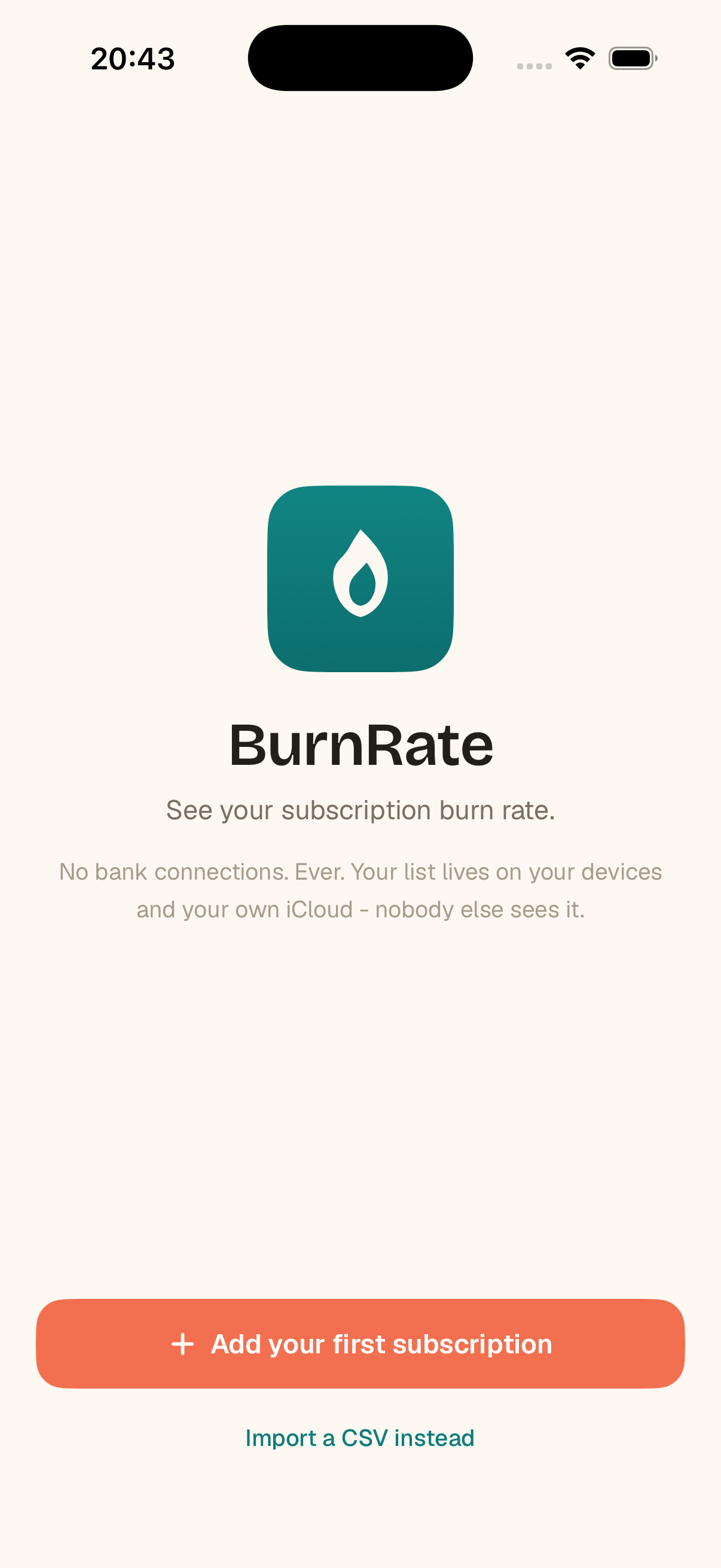 The BurnRate welcome screen on an iPhone